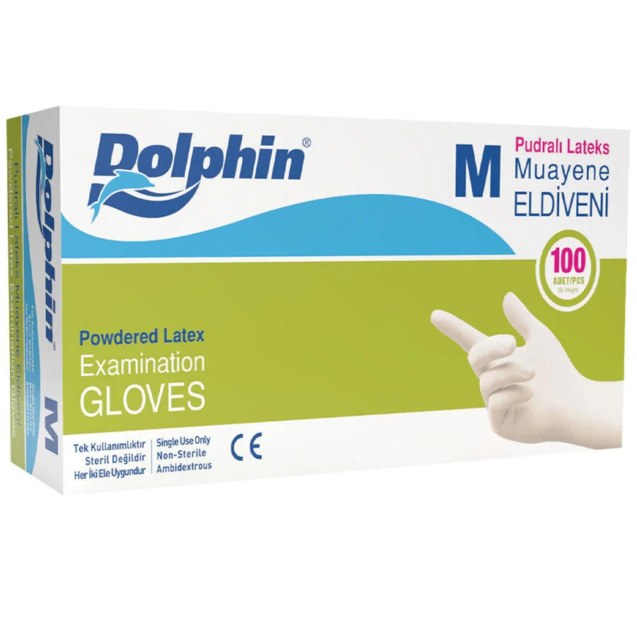 Dolphin Pudralı Lateks Beyaz Eldiven Medium 100'Lü